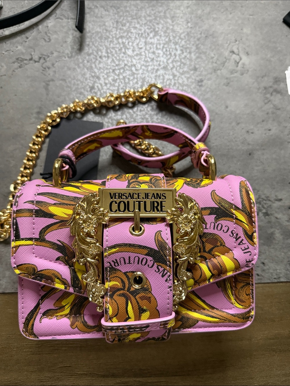 NWT Versace Jeans Couture Pink Baroque Print Crossbody with Gold Hardware